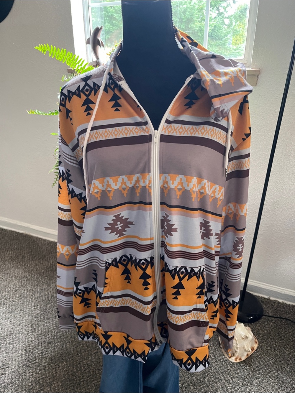 Women’s Zip-Up Hoodie Jacket in Mustard & Taupe Aztec Print